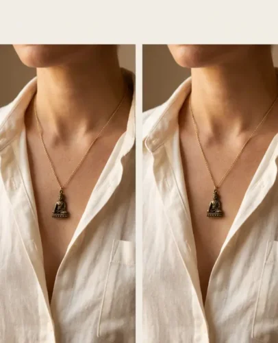 buddha-pendant-four-chain-lengths-comparison.webp Same Buddha pendant worn on 18, 20, 22 and 24 inch chains, showing where each length falls from collarbone to chest
