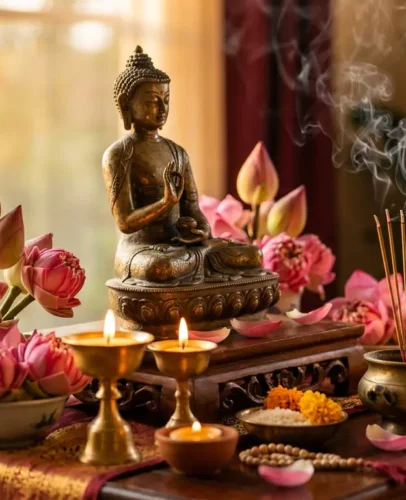 Golden Buddha statue on a home altar with lotus flowers and candlelight for Buddha's Birthday