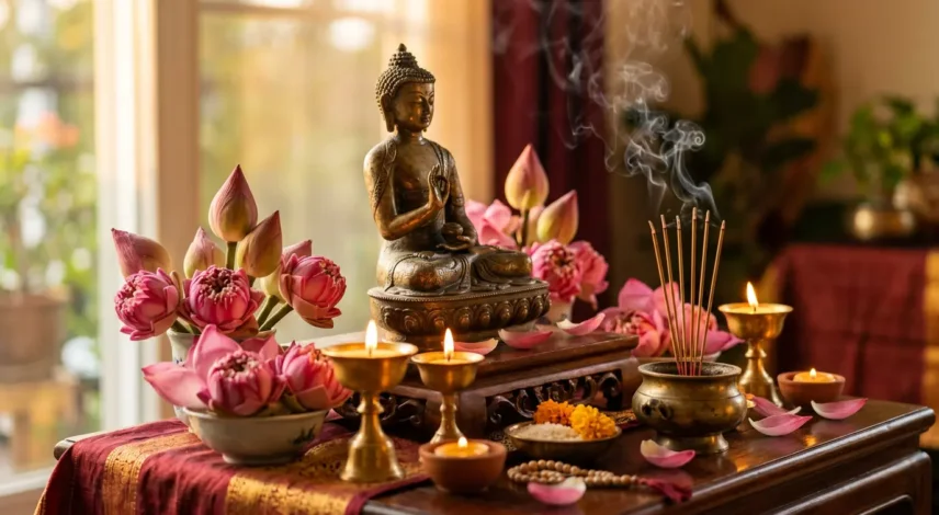 buddhas-birthday-altar-lotus-candles Golden Buddha statue on a home altar with lotus flowers and candlelight for Buddha's Birthday