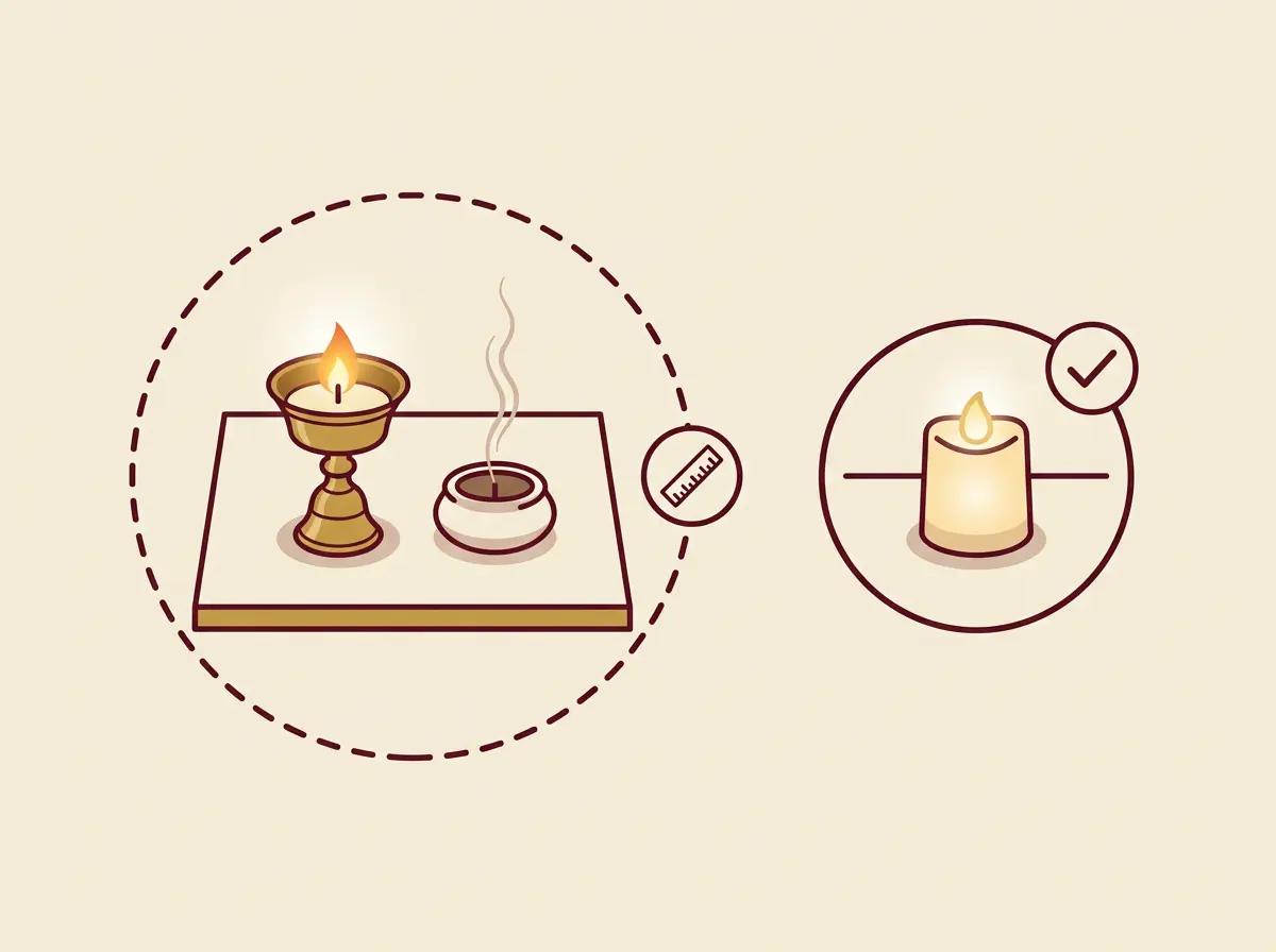 Safety diagram of a Buddhist altar showing a 12-inch clearance zone around a lit butter lamp and incense burner, with a flameless LED lamp shown as a safer alternative