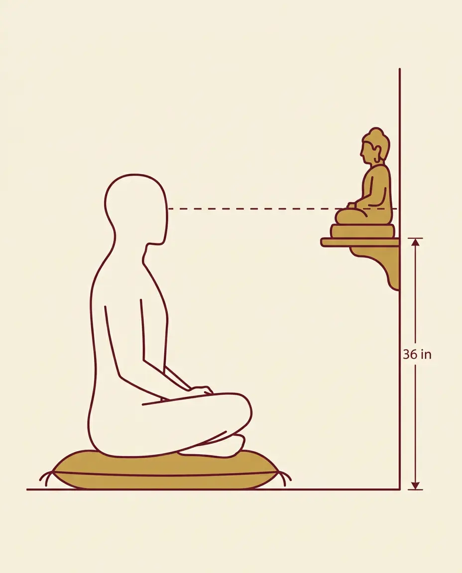 Diagram showing a seated person's eye-level line and a Buddha statue placed at 36 inches from the floor on a home altar shelf