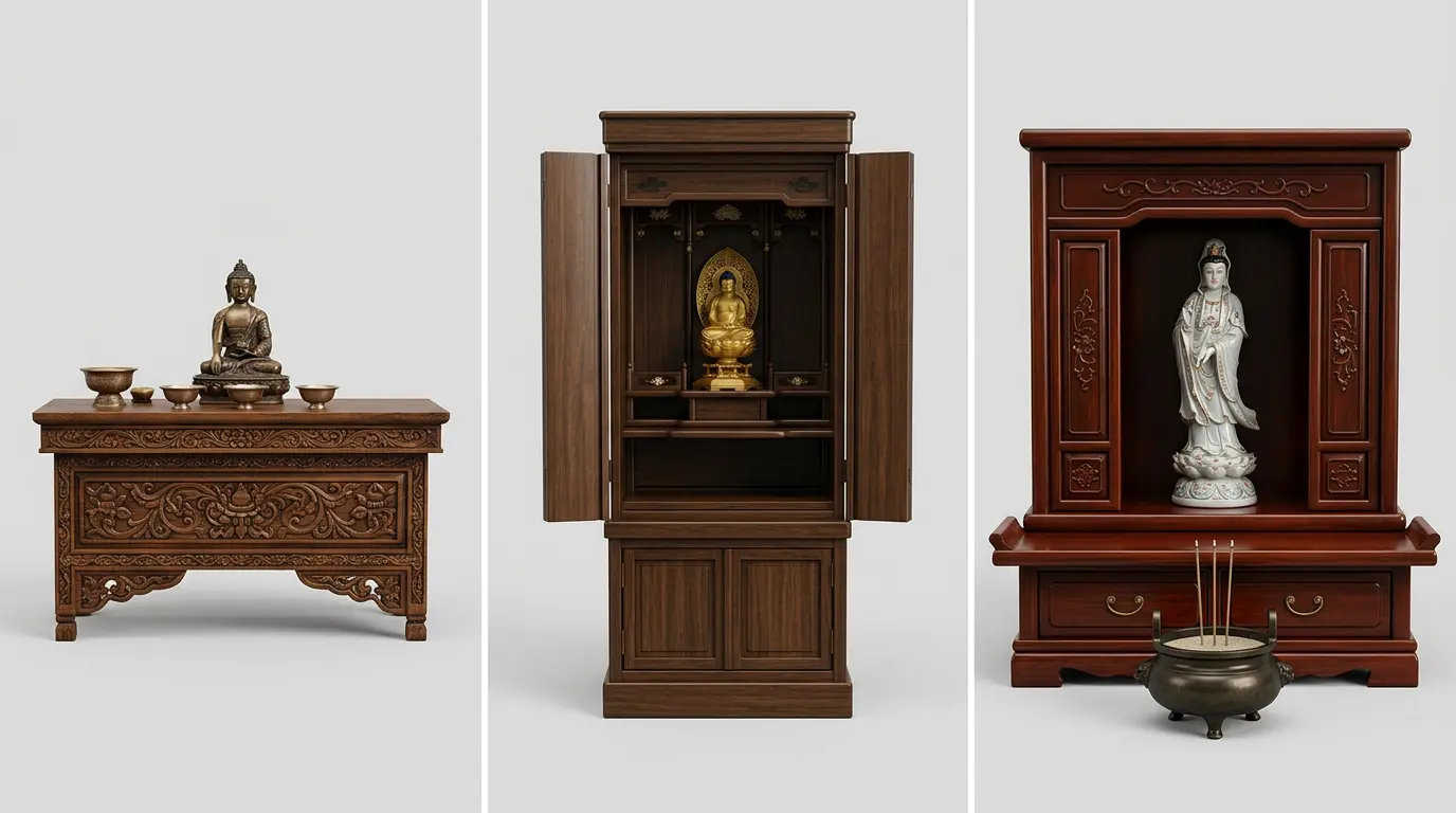 Side-by-side comparison of three Buddhist altar styles: a low carved Tibetan choktse table, an enclosed Japanese butsudan cabinet, and an open Chinese shrine cabinet with an incense burner