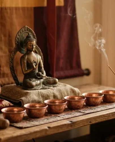 Buddhistický domácí oltář se sochou Buddhy, sedmi obětními mísami, kadidlem a malou zpívající mísou