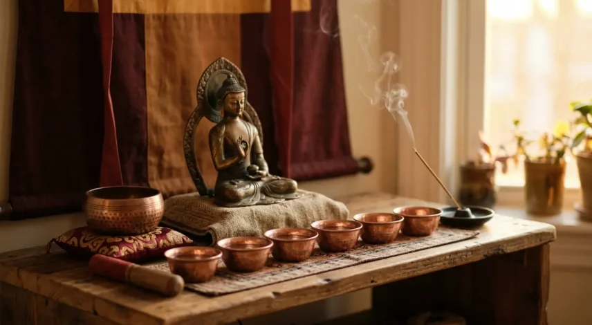 buddhistický-domácí-oltář-rituální-předměty.jpg Buddhistický domácí oltář se sochou Buddhy, sedmi obětními mísami, kadidlem a malou zpívající mísou