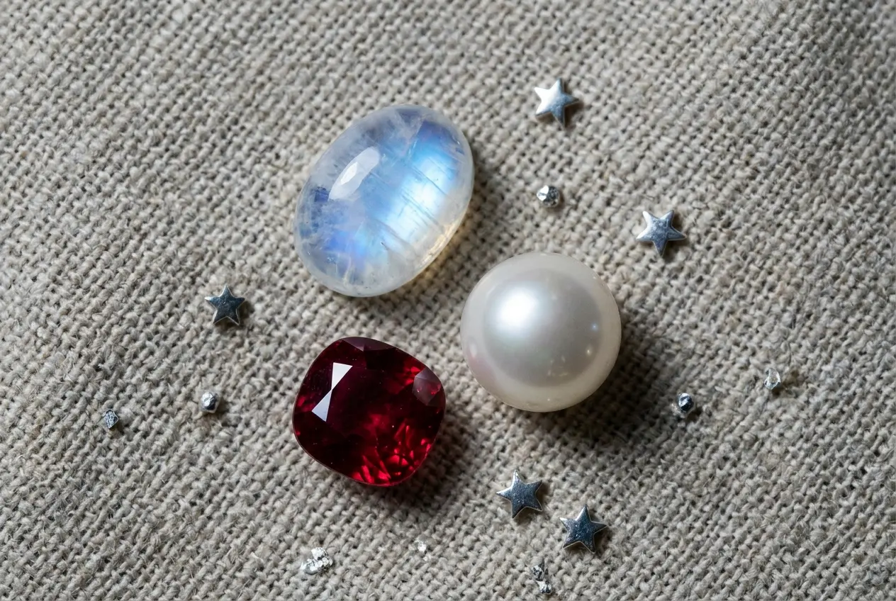Moonstone, pearl, and ruby gemstones arranged on linen, the traditional Cancer birthstones for 2027