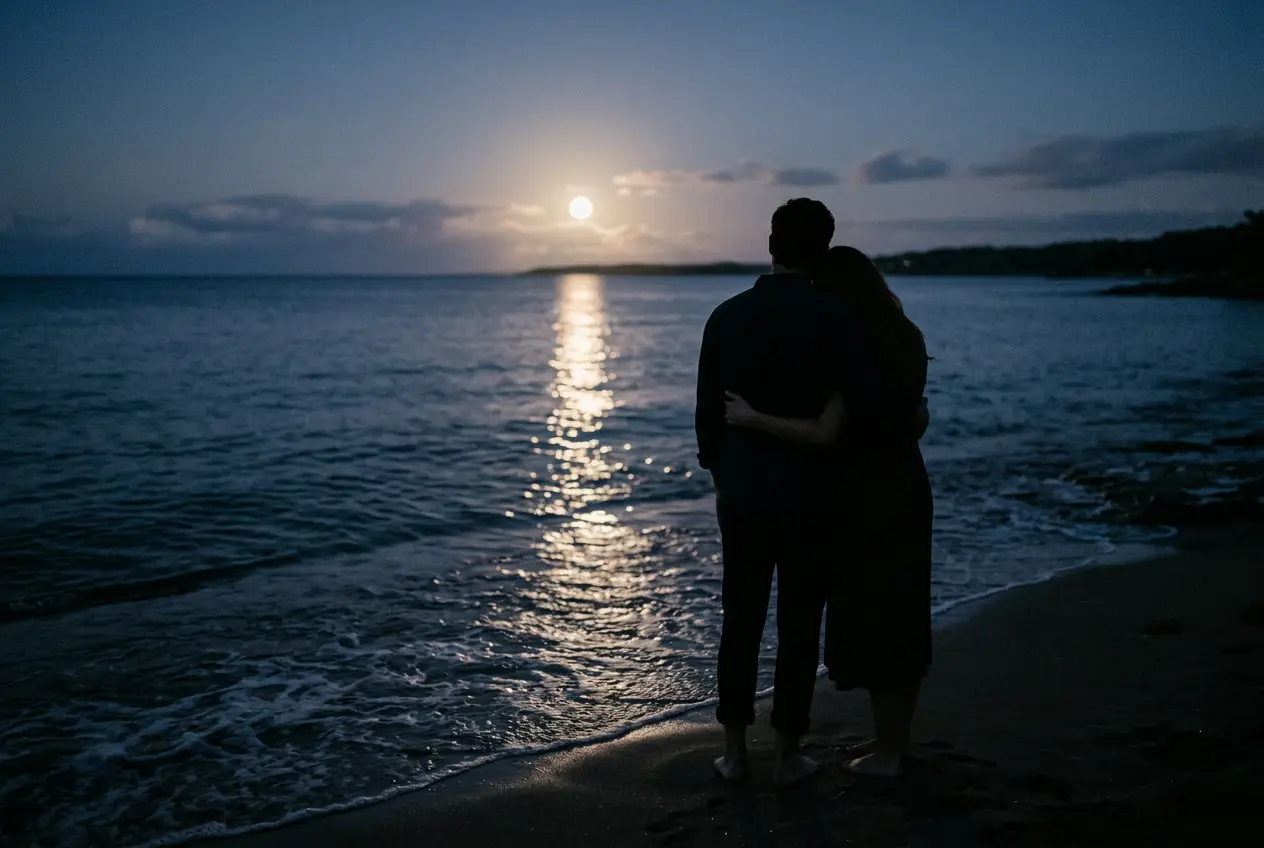 Silhouetted couple by a moonlit sea at night, representing Cancer love and marriage in 2027