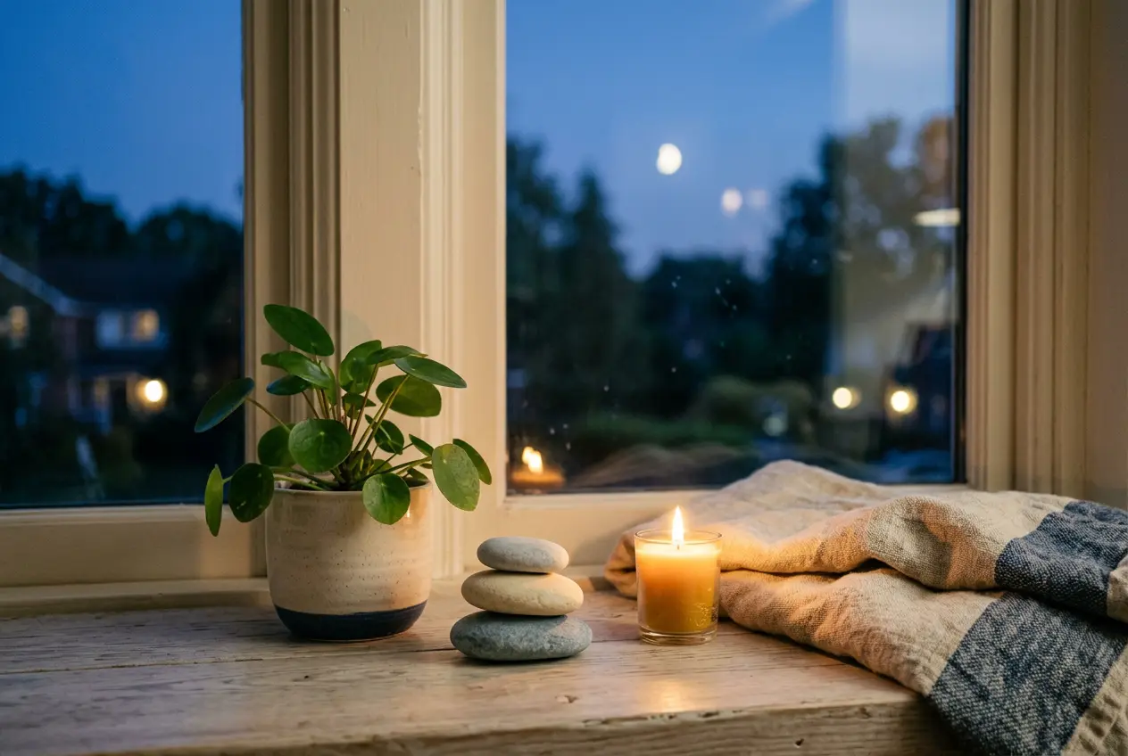Softly lit windowsill at dusk with a plant, stones, and candle, symbolizing Cancer's steady home and finances in 2027