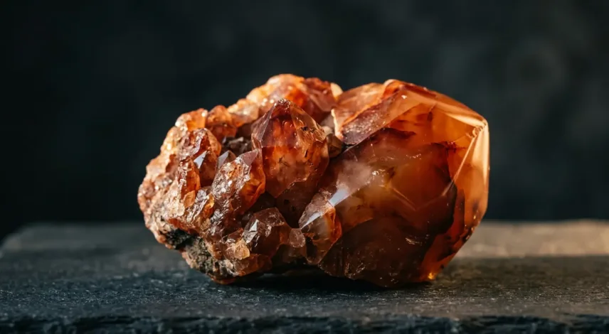 Polished carnelian crystal cluster glowing in warm orange light, symbolizing vitality and creative energy