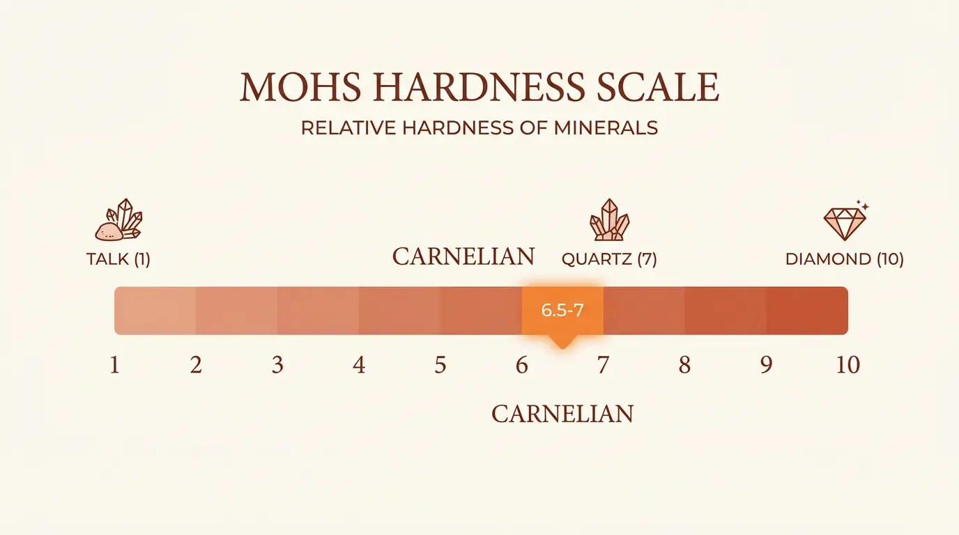 Carnelian hardness rated 6.5 to 7 on the Mohs scale compared with talc, quartz, and diamond