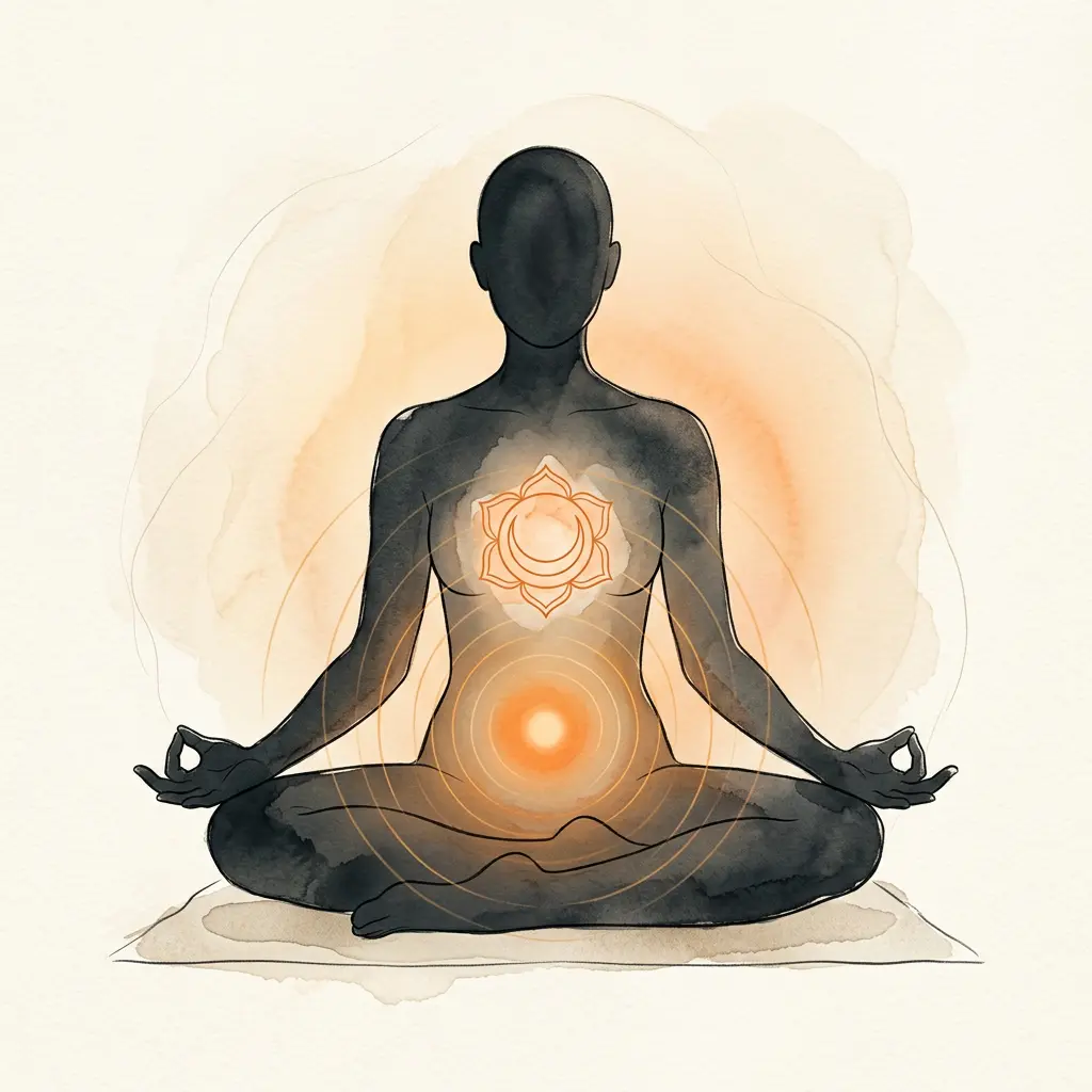Illustration showing carnelian's connection to the sacral chakra below the navel, the center of creativity and passion