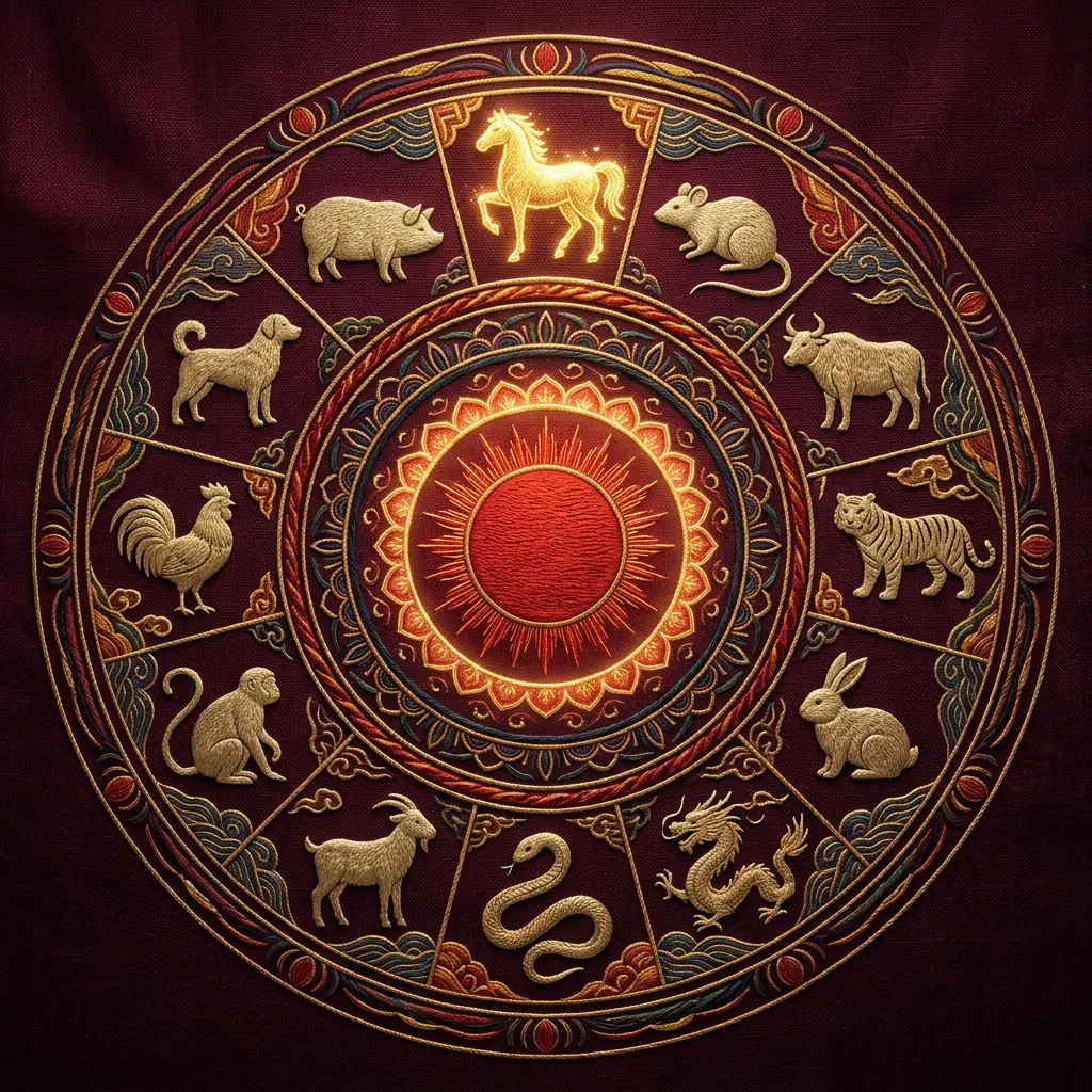 Roda ilustrada dos 12 animais do zodíaco chinês com o signo do Cavalo destacado para 2026.