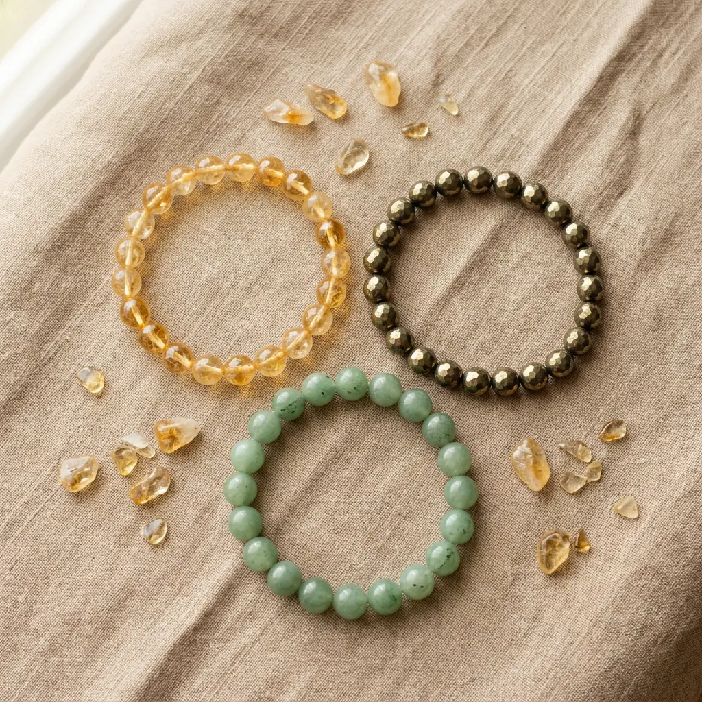 Citrine, pyrite, and green aventurine crystal bracelets arranged together as money and abundance stones
