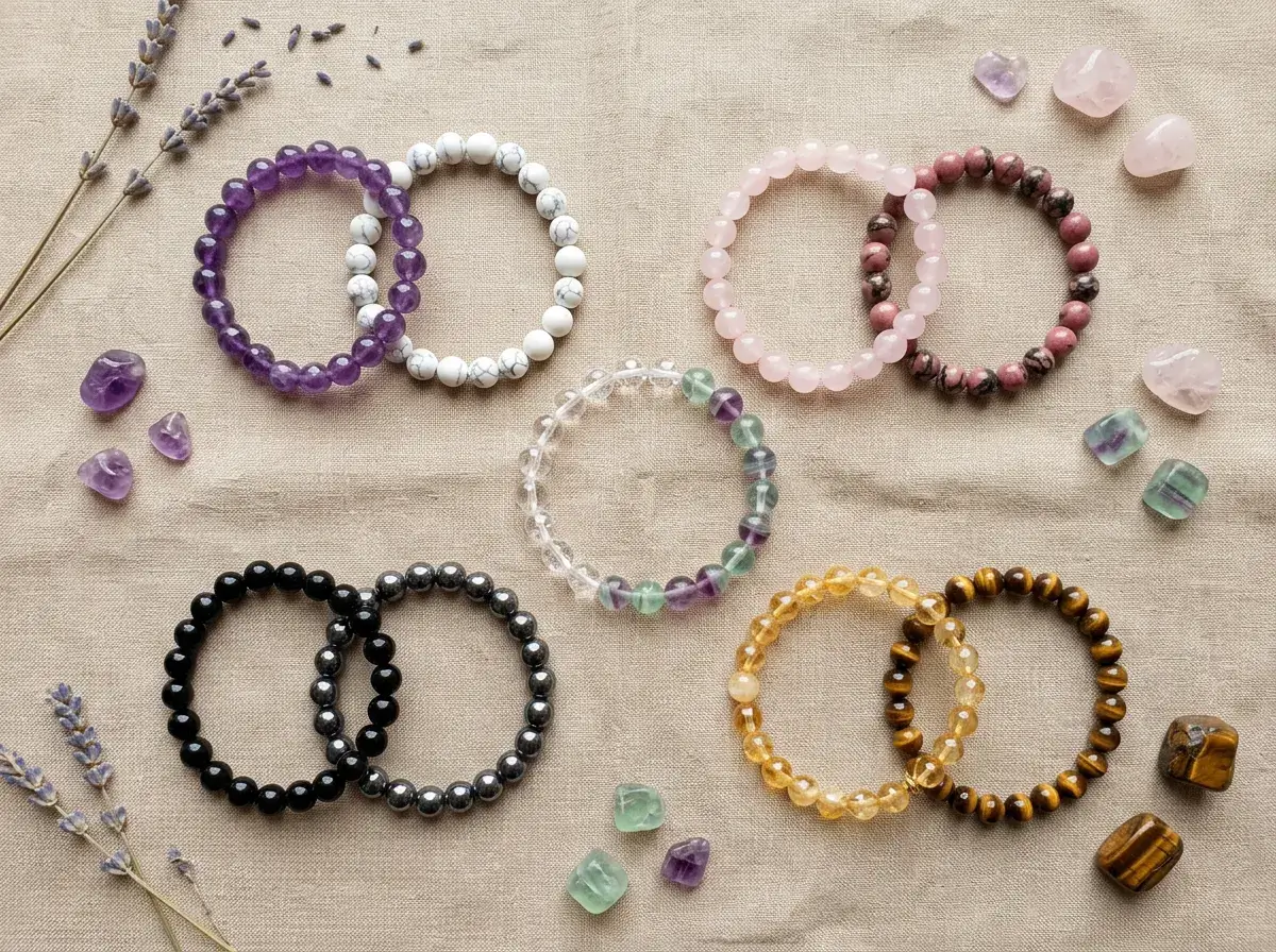 Flat lay of crystal bracelets arranged in pairs by intention, from calming amethyst to grounding black obsidian.