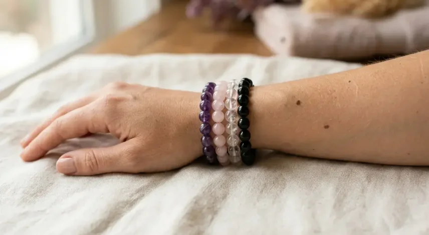crystal-bracelet-stack-on-wrist A stack of four natural crystal bracelets, including amethyst and rose quartz, worn on a woman's wrist.