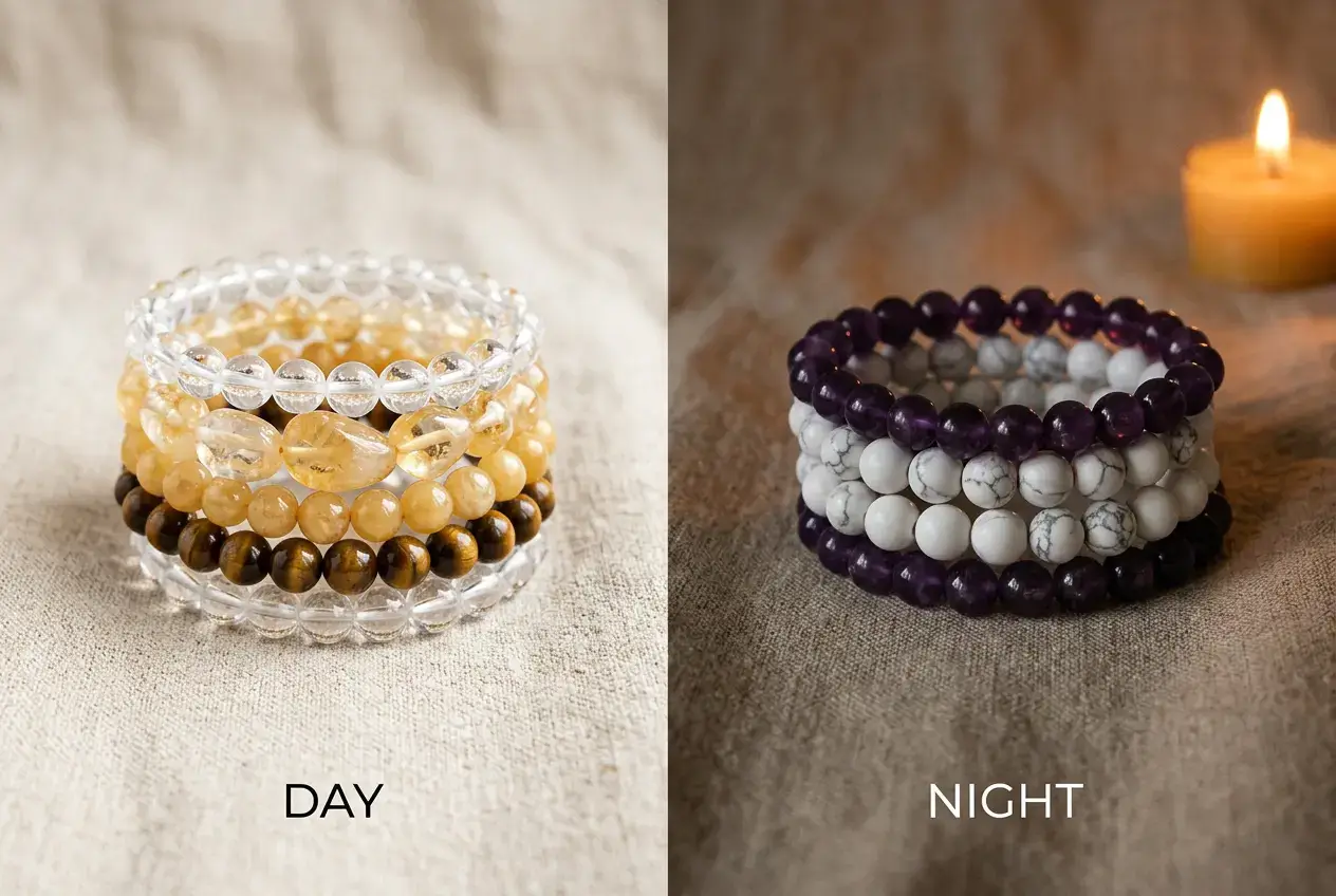 Two crystal bracelet stacks side by side, a bright daytime stack and a calming amethyst nighttime stack.