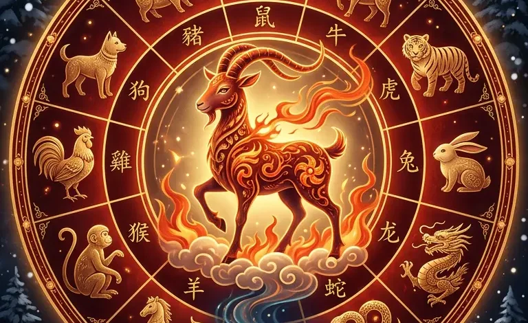 Chinese zodiac wheel showing the Fire Goat year and Water Rat month for December 2027 horoscope
