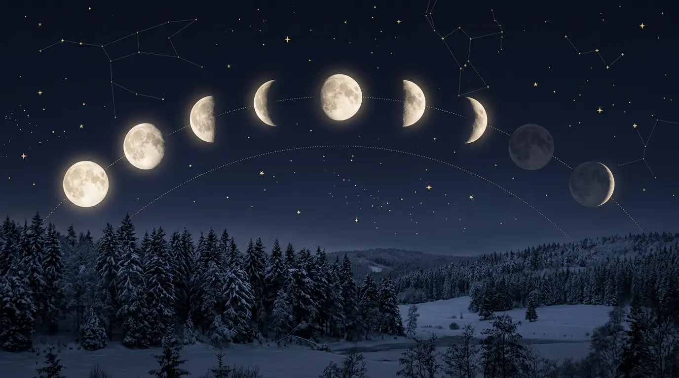 Illustrazione che mostra la Luna piena fredda del dicembre 2027, il solstizio d'inverno e la Luna nuova in Capricorno nel cielo notturno.