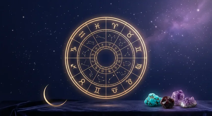 oroscopo dicembre 2027, ruota zodiacale, cielo notturno Una ruota zodiacale dorata che risplende contro un cielo notturno stellato di un profondo indaco, a rappresentare l'oroscopo di dicembre 2027.