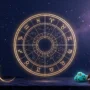 2027年12月の星占い - 星座 - 夜空 深い藍色の星空を背景に輝く黄金の黄道十二宮の輪は、2027年12月の星占いを表している。