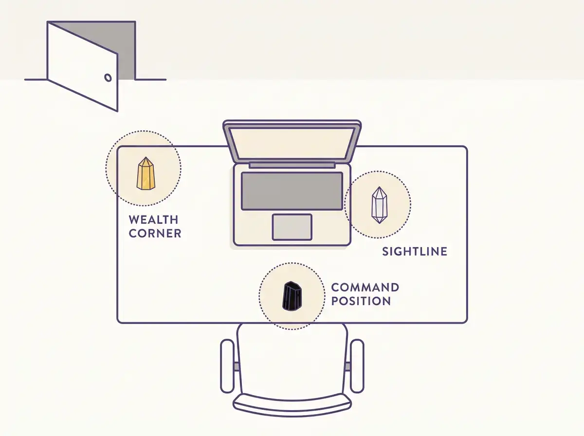 Top-down desk diagram showing crystal placement in the wealth corner, command position, and sightline