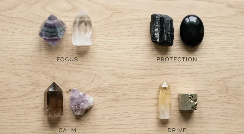 desk-crystals-by-work-need-chart Chart matching common work challenges to desk crystals: fluorite, black tourmaline, smoky quartz, and citrine