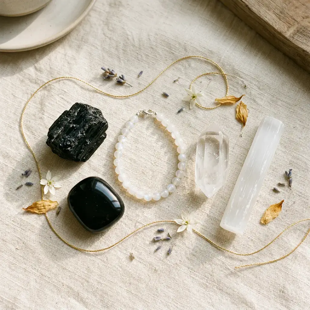 Flat-lay of eclipse season crystals including black tourmaline, black obsidian, moonstone, clear quartz, and selenite on natural linen
