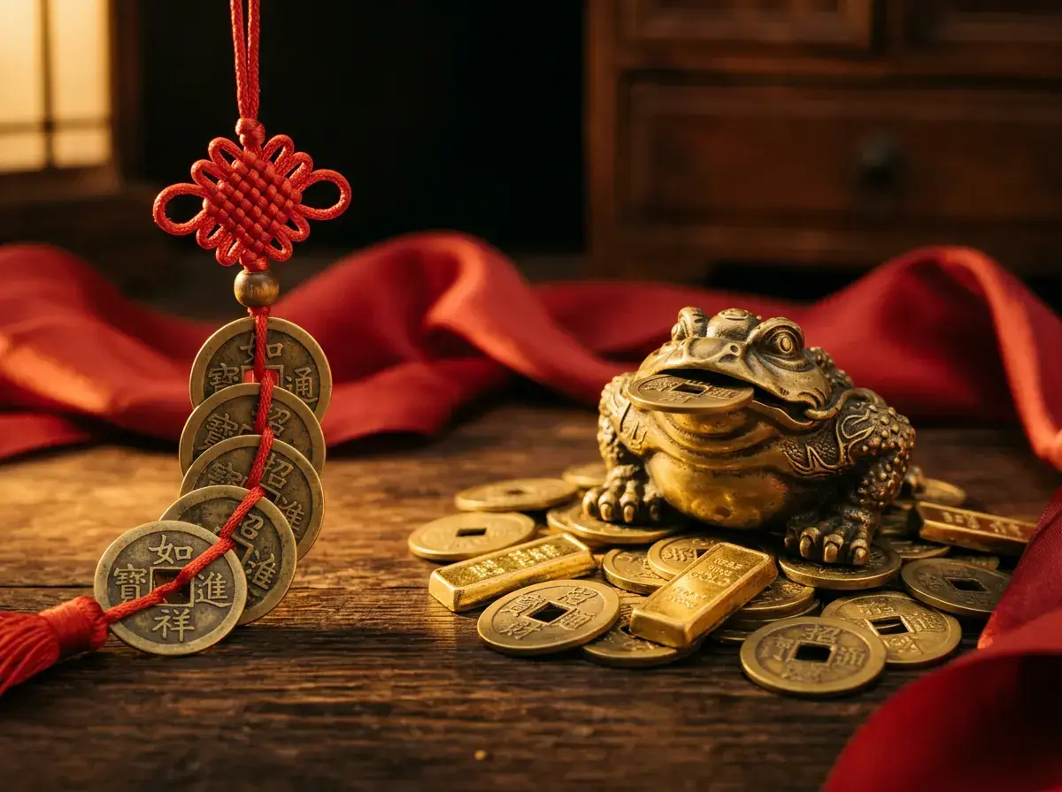 Five feng shui coins tied with red string beside a golden three-legged money frog holding a coin, traditional symbols of wealth.