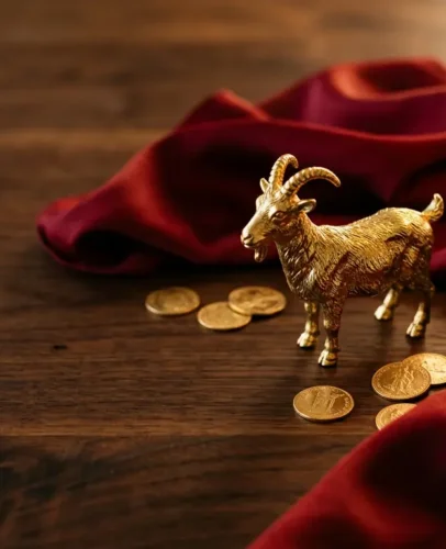 fire-goat-2027-feng-shui-hero Golden goat figurine with red silk and gold coins, symbolizing the 2027 feng shui year of the Fire Goat