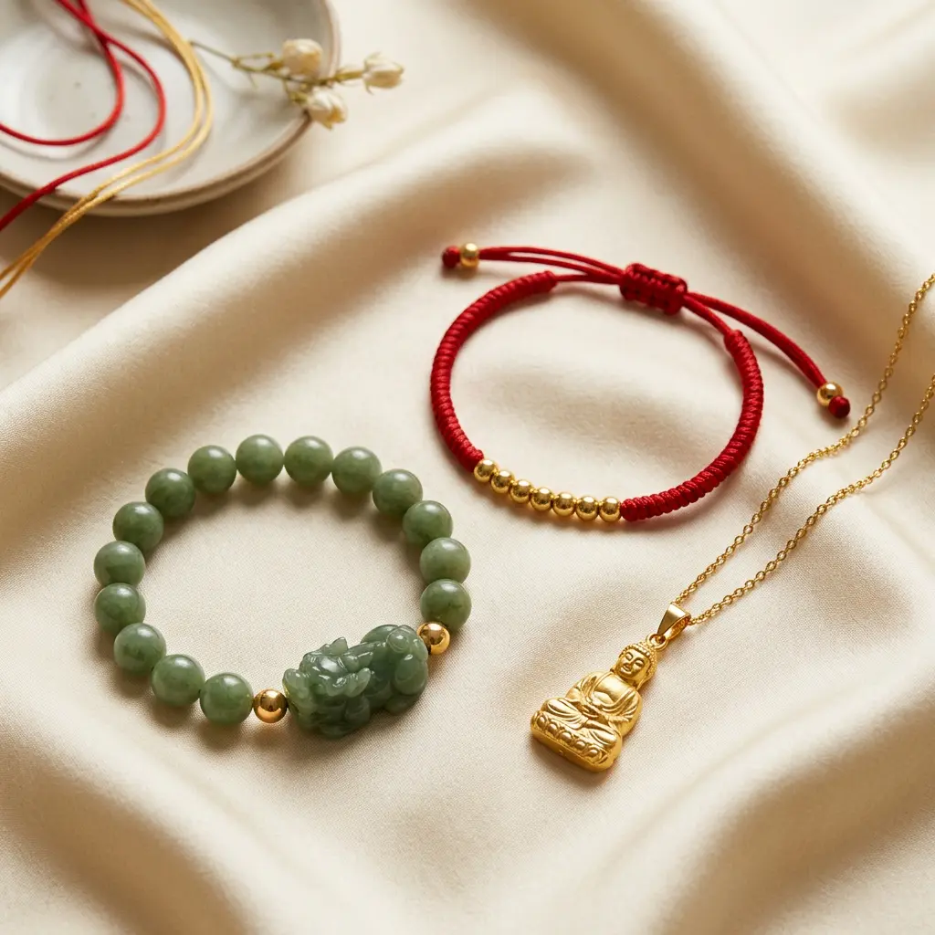 Red string bracelet, guardian Buddha pendant, and jade Pixiu bracelet for the 2027 Fire Goat zodiac year