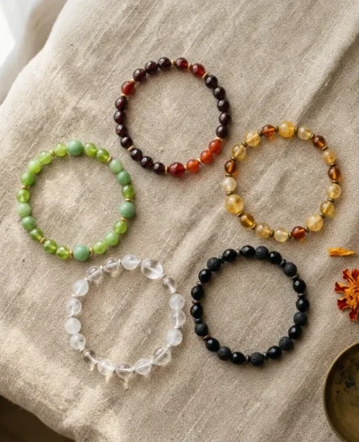 Five elements bracelet set in the Wood, Fire, Earth, Metal, and Water colors