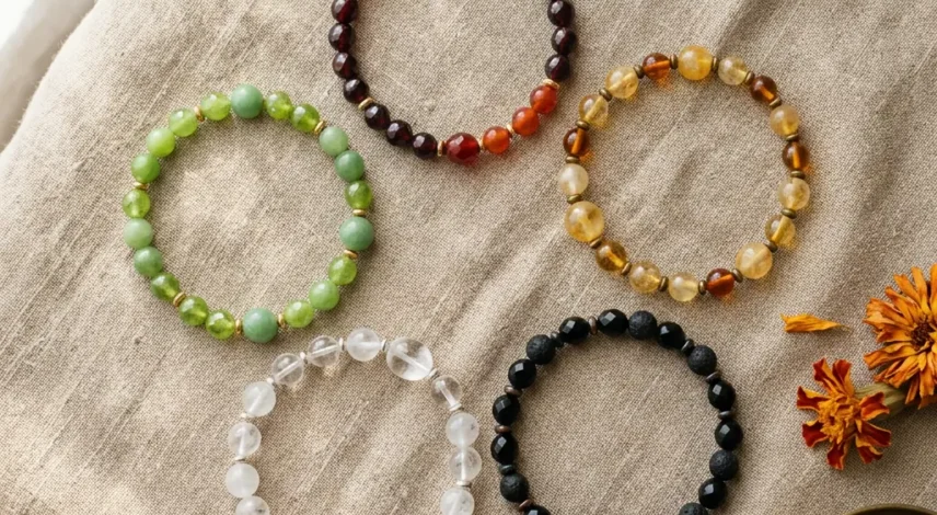 Five elements bracelet set in the Wood, Fire, Earth, Metal, and Water colors
