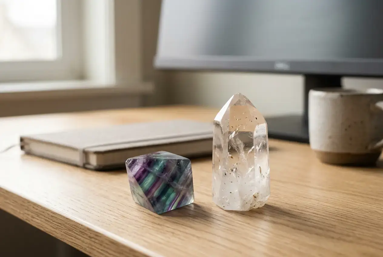 Rainbow fluorite octahedron and clear quartz point on a work desk beside a computer monitor
