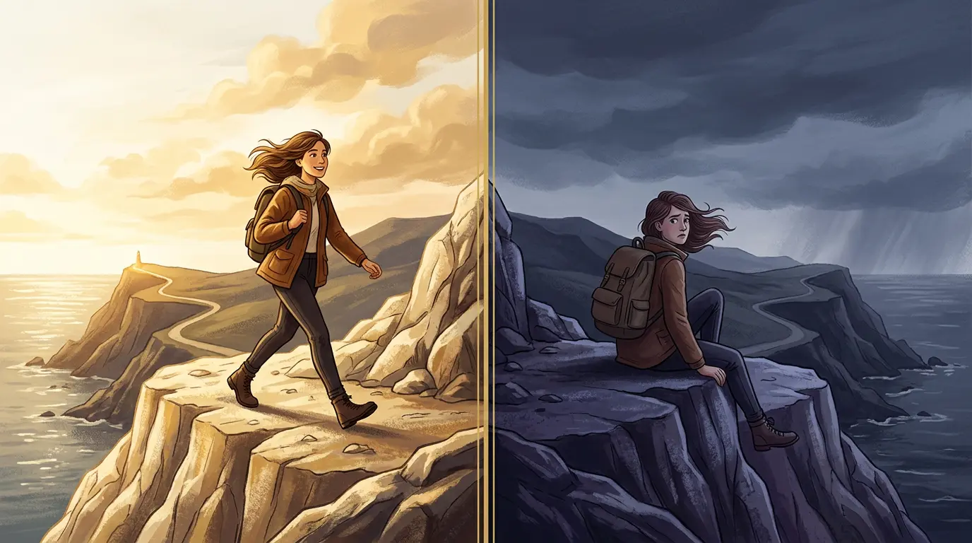 Labeled infographic of six symbols on the Fool tarot card: cliff, white dog, white rose, knapsack, white sun, and mountains
