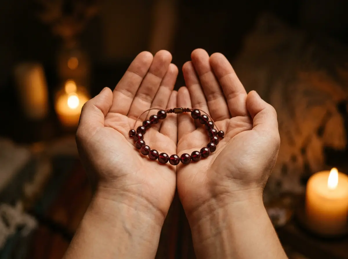 Hands cradling a natural garnet beaded bracelet in candlelight, representing the practice of choosing a crystal by intention