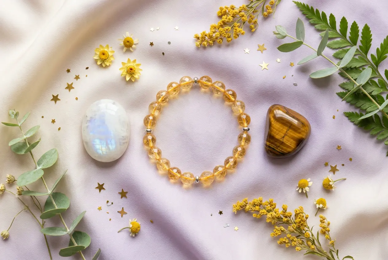 Flat-lay of citrine, moonstone, and tiger's eye crystals recommended for Gemini in 2027