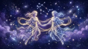 Illustration céleste des Gémeaux, signes astrologiques du zodiaque, sous un ciel violet étoilé pour l'horoscope 2027.