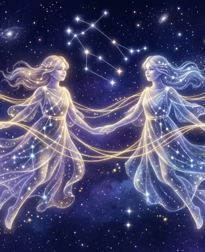 Celestial illustration of the Gemini zodiac twins under a starry violet sky for the 2027 horoscope