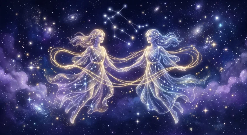 gemini-2027-horoscope-celestial-twins Celestial illustration of the Gemini zodiac twins under a starry violet sky for the 2027 horoscope