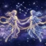 Celestial illustration of the Gemini zodiac twins under a starry violet sky for the 2027 horoscope