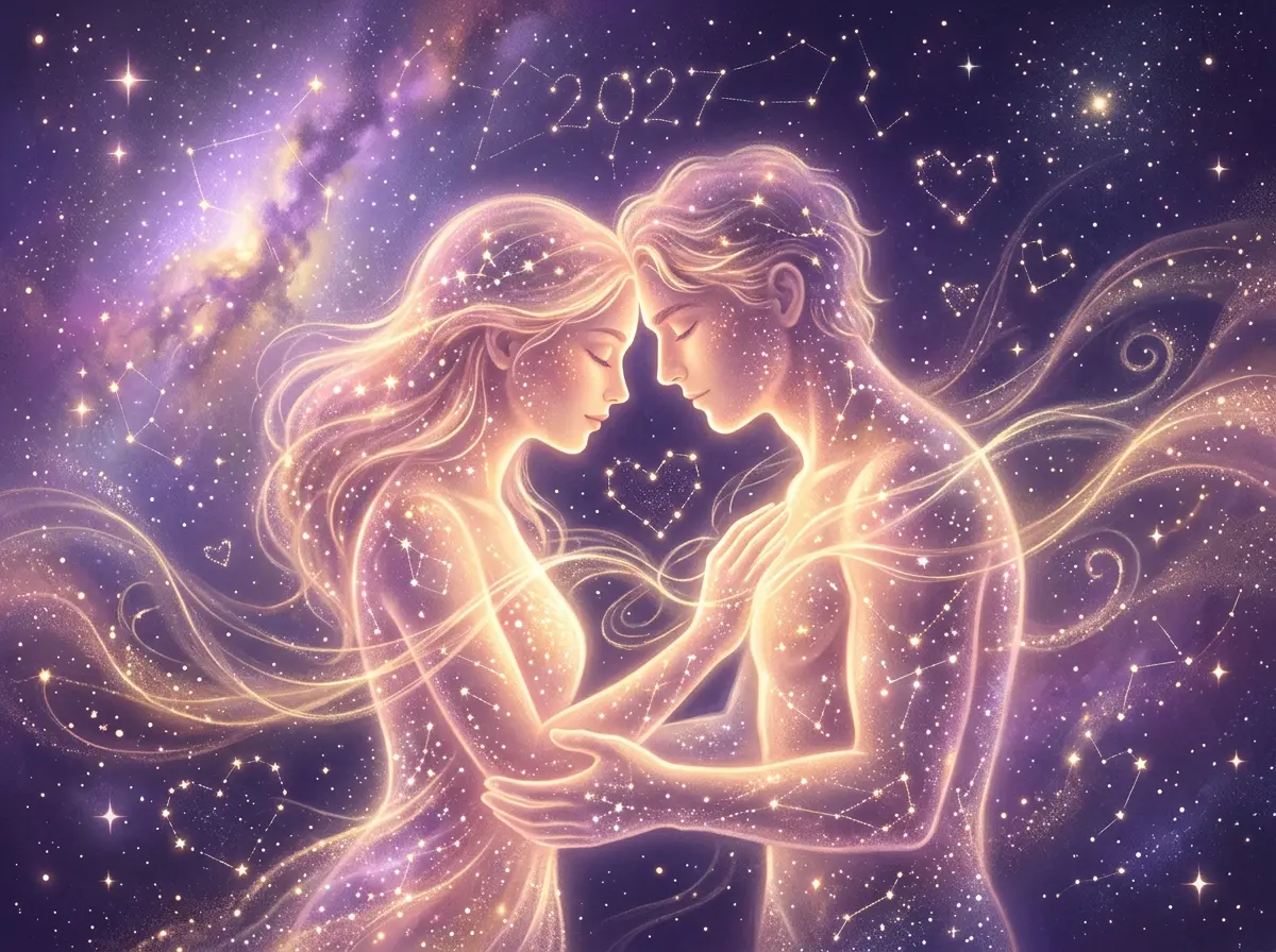 Ethereal illustration of two connected figures symbolizing Gemini love and relationships in 2027