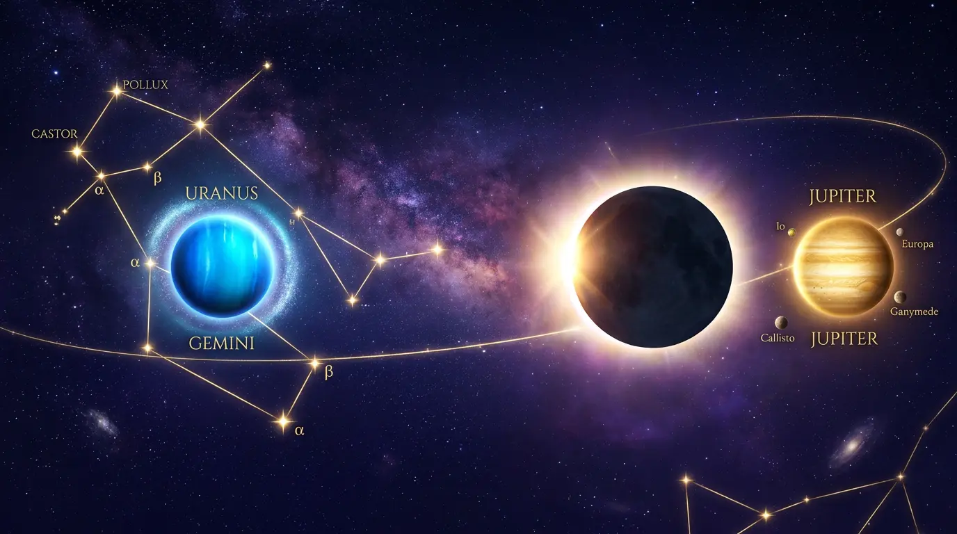 Illustration of Uranus, Jupiter, and the August 2027 solar eclipse influencing Gemini's year