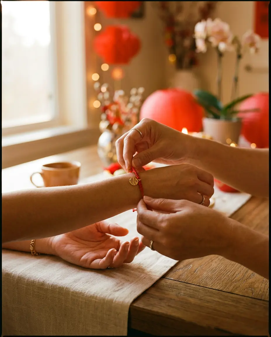 Mãos amarrando uma pulseira de fio vermelho no pulso como um presente tradicional do zodíaco.
