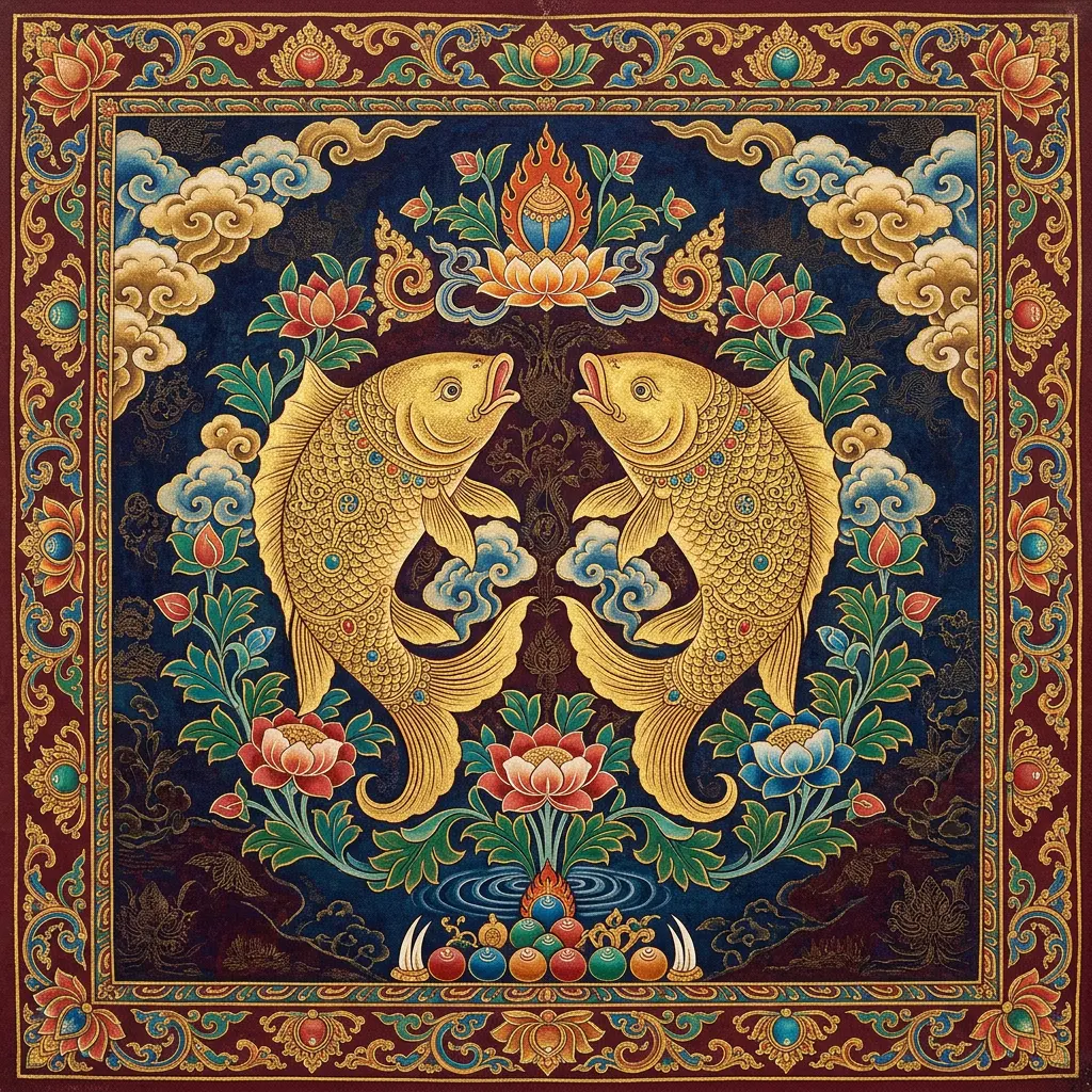 Pair of golden fish, a Buddhist symbol of freedom and liberation, in traditional Tibetan thangka art style