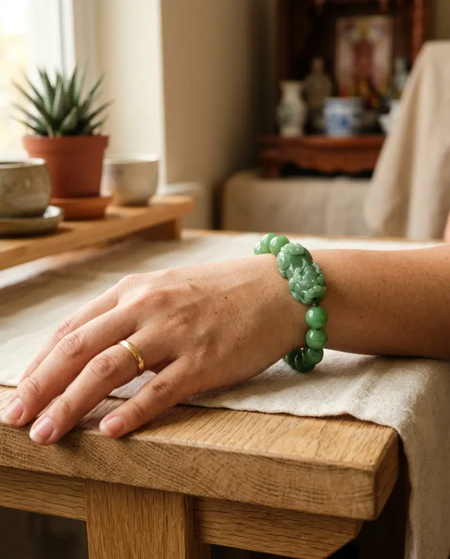 Close-up of a wrist wearing a natural green jade Pixiu bracelet, the traditional wealth guardian bracelet for the Rabbit's 2027 year