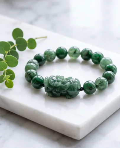 green-jade-pixiu-bracelet-rabbit-wealth-charm Five lucky charms for the Rabbit zodiac sign in 2027 Year of the Fire Goat, including jade bracelet, red string, and Manjushri pendant arranged on a dark wooden surface