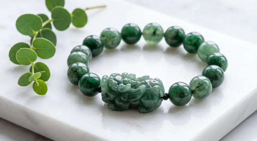 green-jade-pixiu-bracelet-rabbit-wealth-charm Five lucky charms for the Rabbit zodiac sign in 2027 Year of the Fire Goat, including jade bracelet, red string, and Manjushri pendant arranged on a dark wooden surface