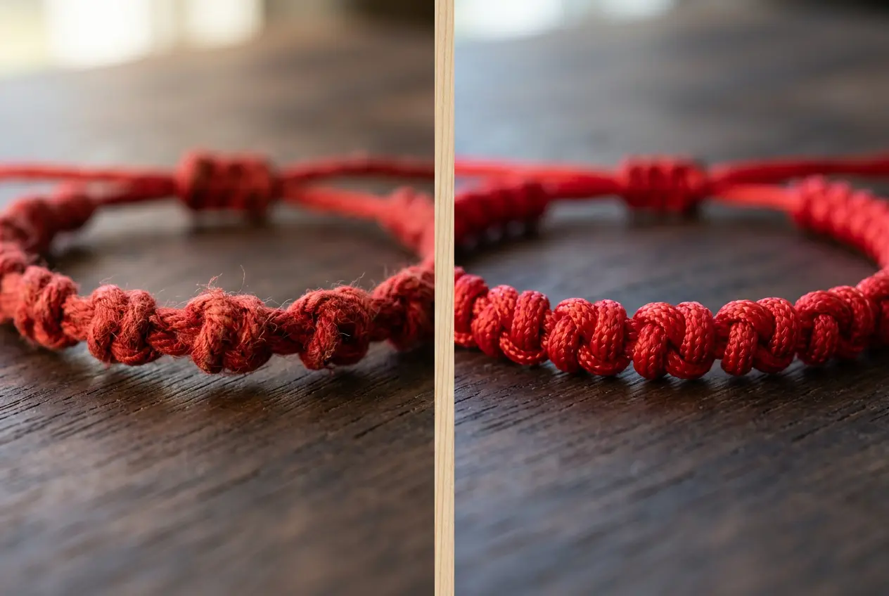 Side-by-side macro of an uneven hand-tied Tibetan knot bracelet and a uniform machine-made cord bracelet