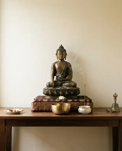Malý domácí buddhistický oltář s bronzovou sochou Buddhy umístěnou nad úrovní očí sedícího člověka, tenkou stopou kadidlového kouře a jedinou obětní miskou na dřevěném konzolovém stolku