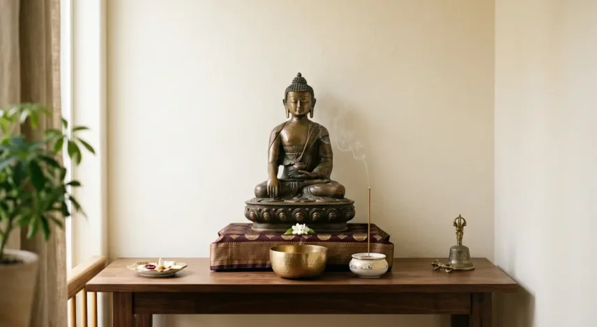 domácí-buddhistický-oltář-v-úrovni-očí Malý domácí buddhistický oltář s bronzovou sochou Buddhy umístěnou nad úrovní očí sedícího člověka, tenkou stopou kadidlového kouře a jedinou obětní miskou na dřevěném konzolovém stolku