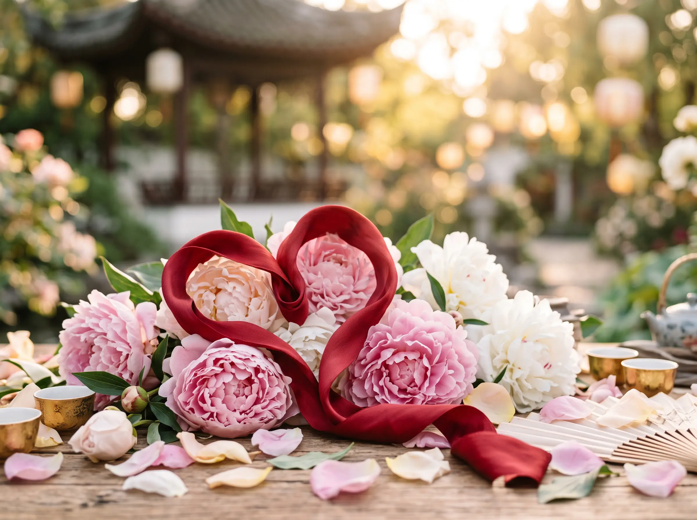 Two intertwined red silk ribbons forming a heart shape against a backdrop of blooming pink peonies and soft golden light, symbolizing the Horse's romance luck in 2027